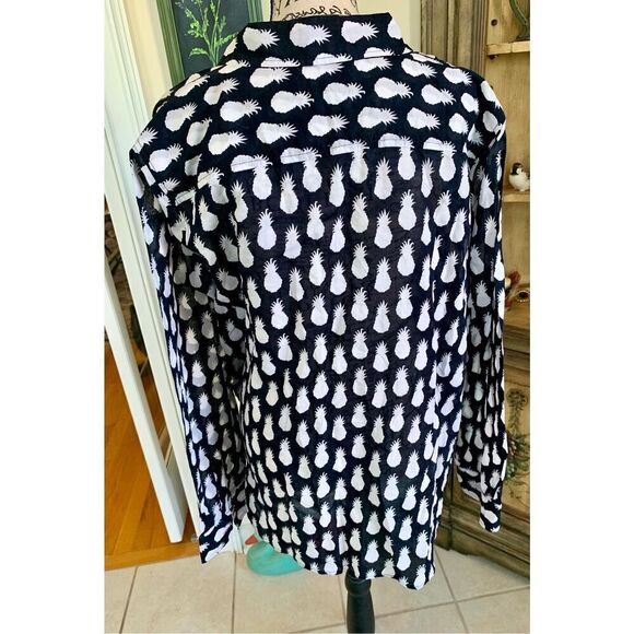 Talbots Navy Blue White Pineapple Print Lightweight Button Down Shirt - Picture 5 of 7
